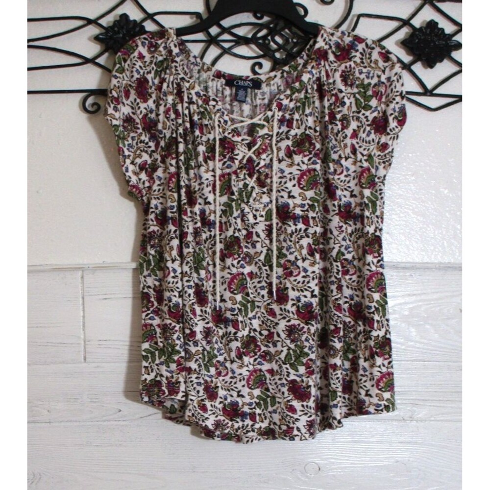 Chaps Women's Knit Top Size M Short Sleeve Multicolor Floral Round Neck